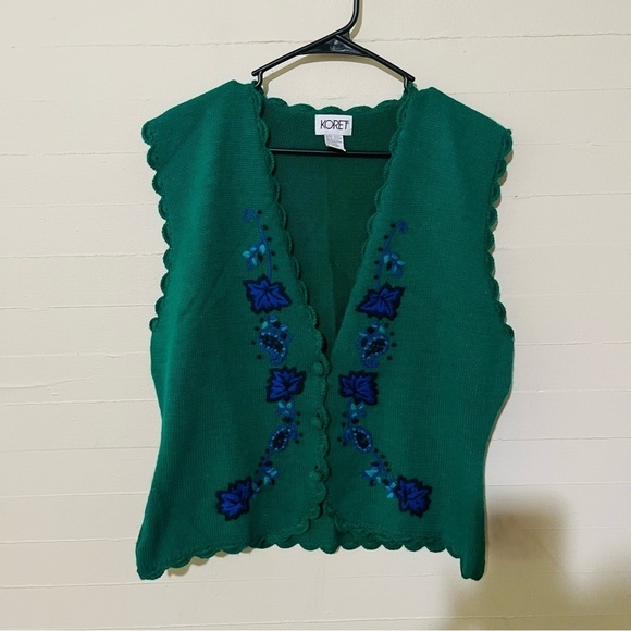 Vintage Sweaters - Vintage 1980s Koret Sweater Vest Floral Embroidered SZ L Lambswool Angora